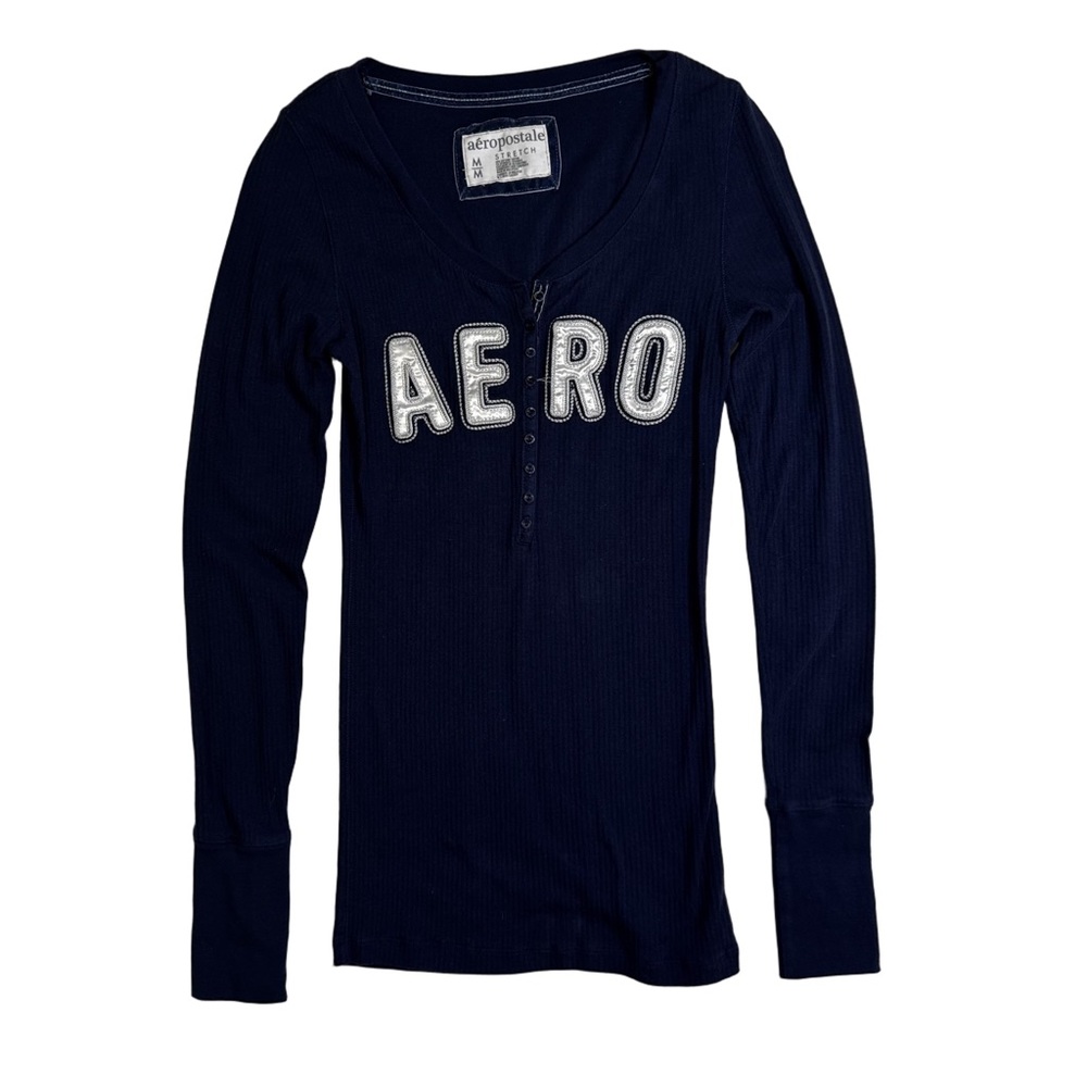 Aeropostale Shirt Tee  Navy Blue Long Sleeve Henley Size Medium Button Front NEW - Picture 3 of 12